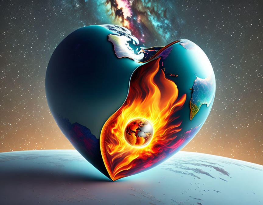 Heart-shaped Earth half engulfed in flames on starry sky backdrop