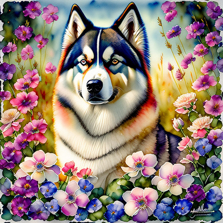 Vivid painting: Husky with blue eyes and flowers