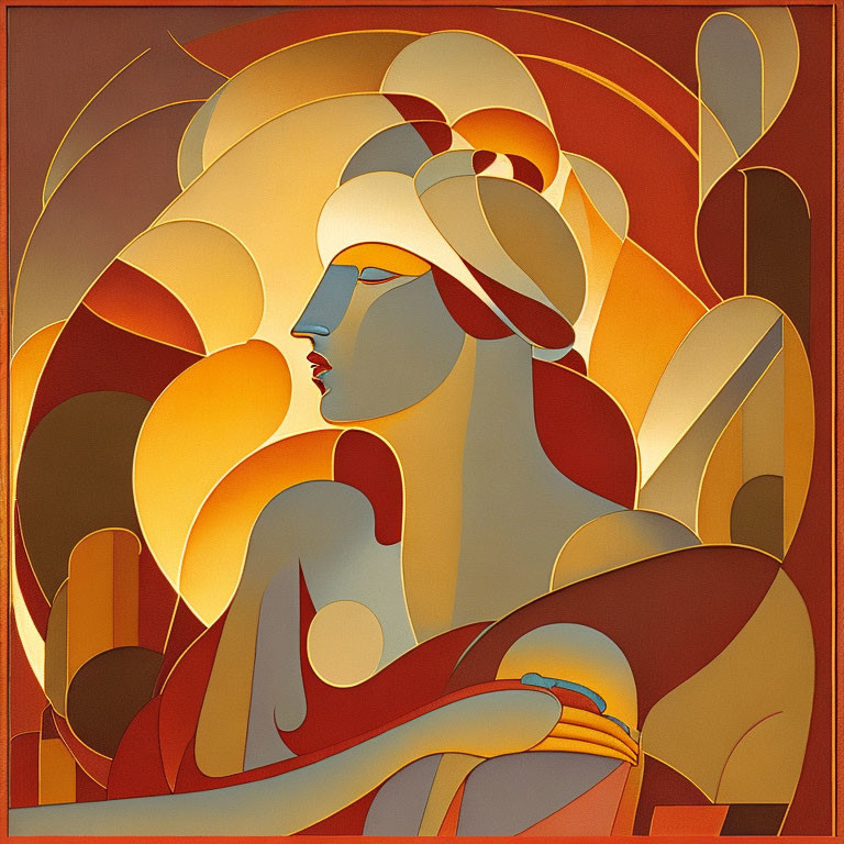 Cubist-style abstract portrait of a woman with flowing hair in warm red, gold, and yellow