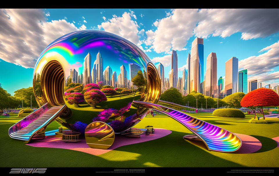 Reflective colorful sculptures in futuristic city park