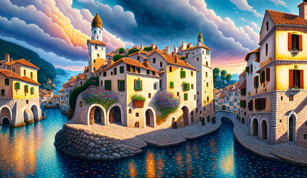 Colorful coastal village painting with stone bridges and twilight sky