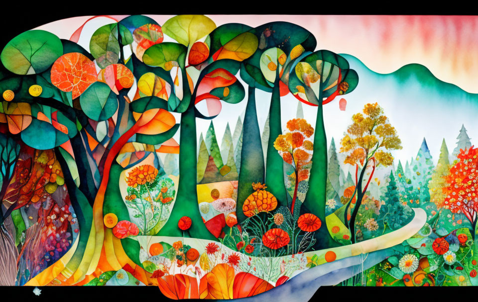 Colorful Stylized Forest Artwork with Dawn/Dusk Background