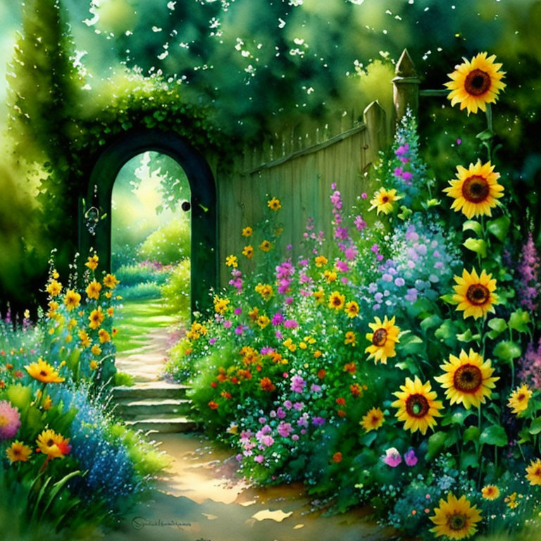 Sunflower garden path with assorted flowers and open gate