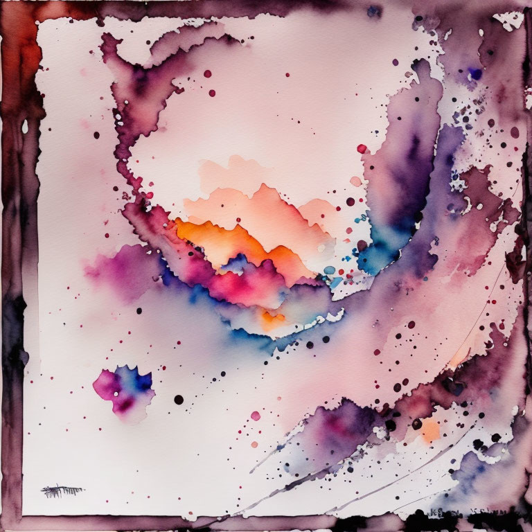 Colorful Abstract Watercolor Painting with Swirling Heart Shape and Splatter Details