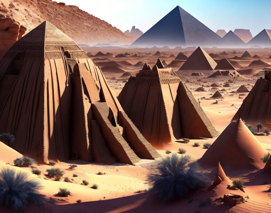 Desert landscape with large and small pyramids under clear sky