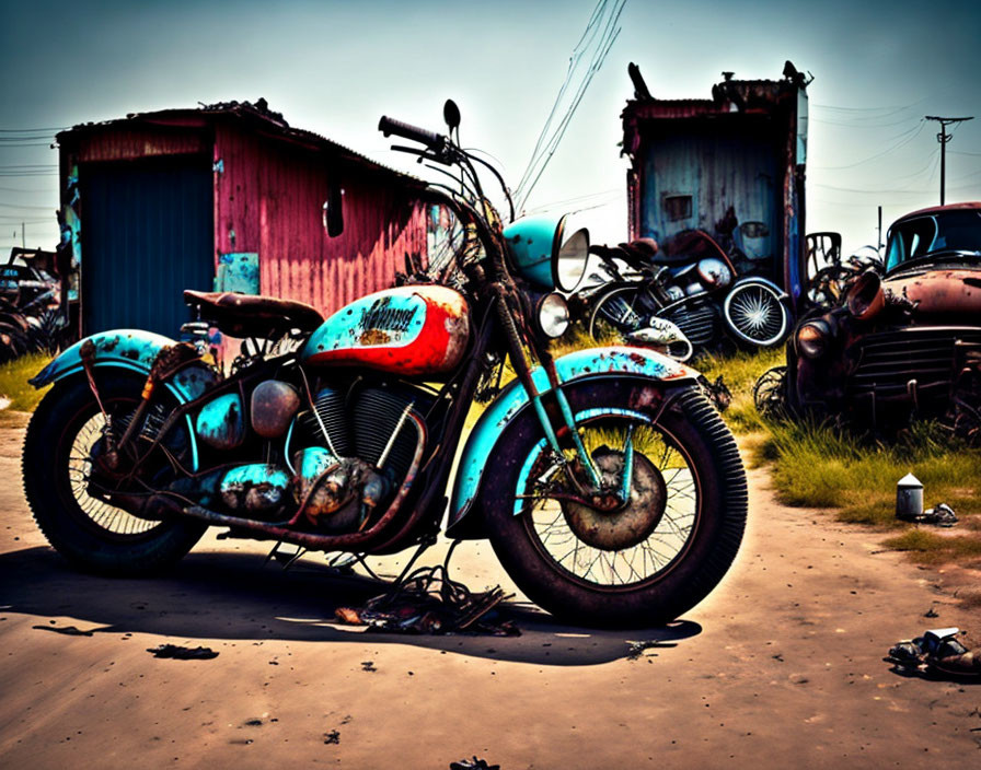 Rusty blue and red vintage motorcycle in junkyard setting