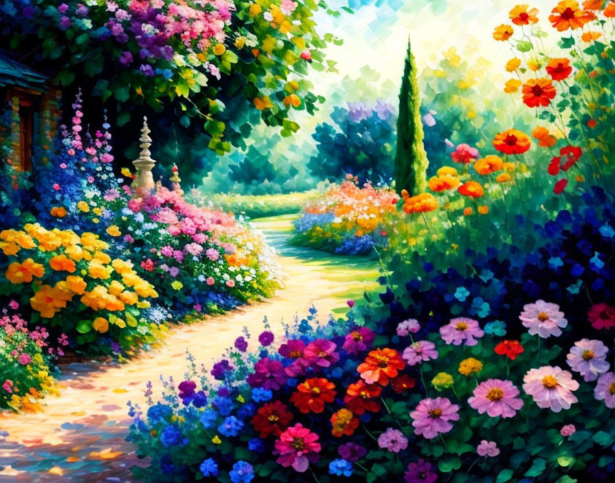 Lush garden path with colorful flowers and sunlight