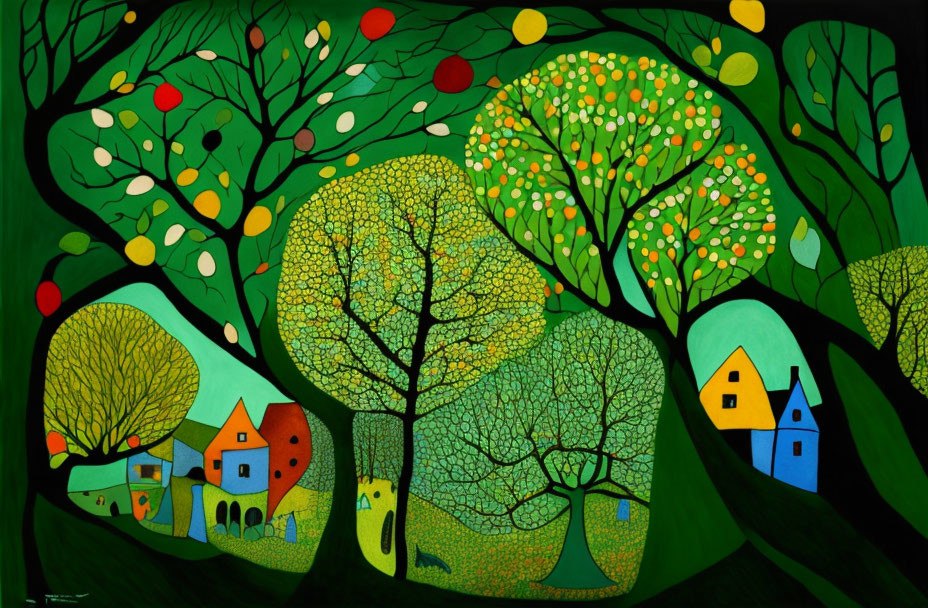 Colorful Painting of Stylized Trees and Houses