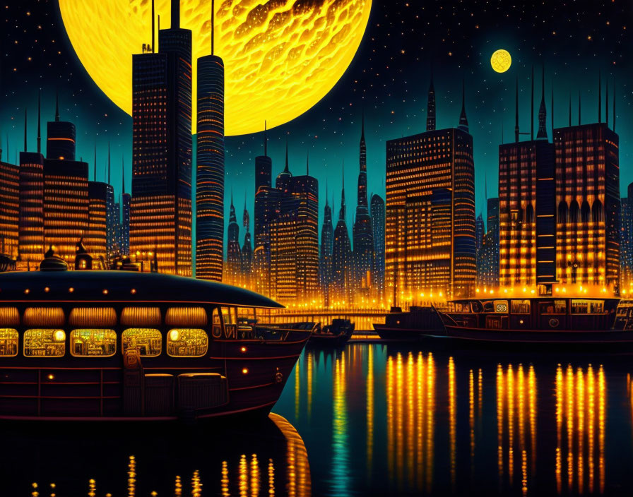 Cityscape at Night with Skyscrapers, River, Boat, Moon, and Stars