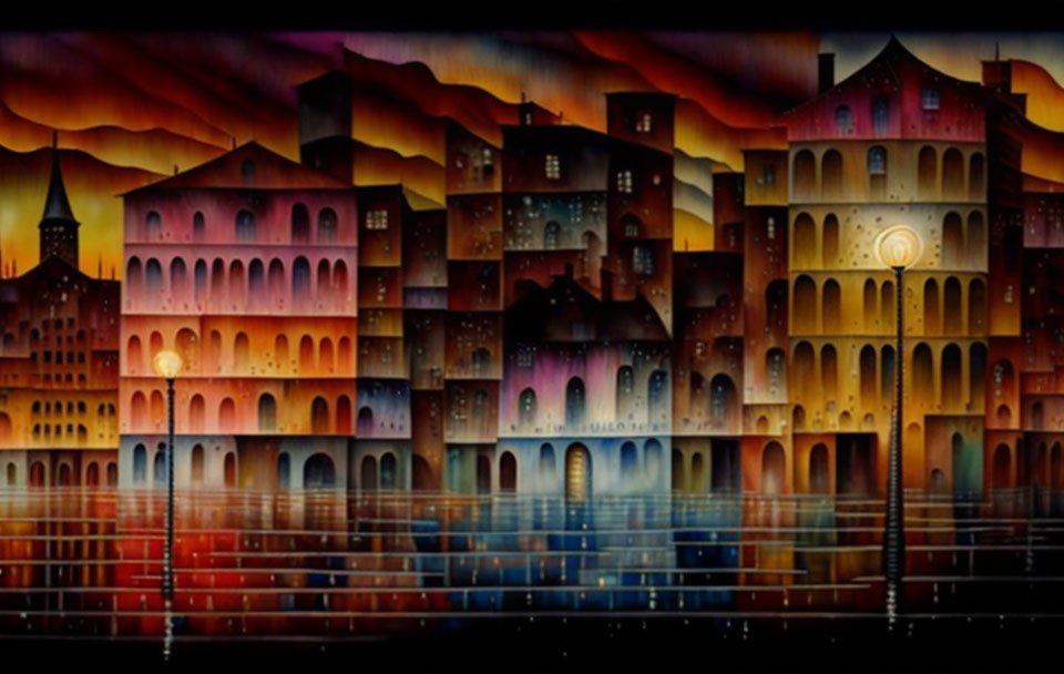 Vibrant cityscape painting with illuminated buildings and reflections at night