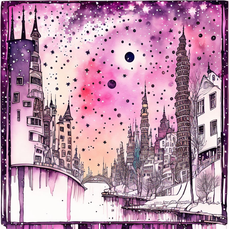 Whimsical buildings under purple starry sky on snow-covered ground