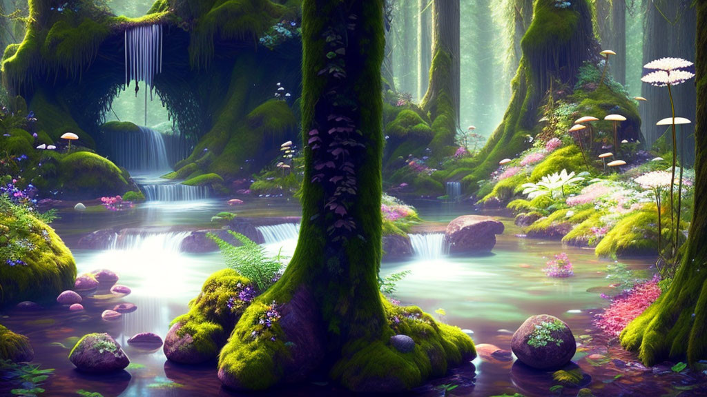 Mystical forest with oversized mushrooms and serene stream