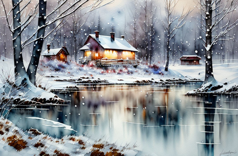 Snowy Winter Landscape: Cozy House by Frozen Lake