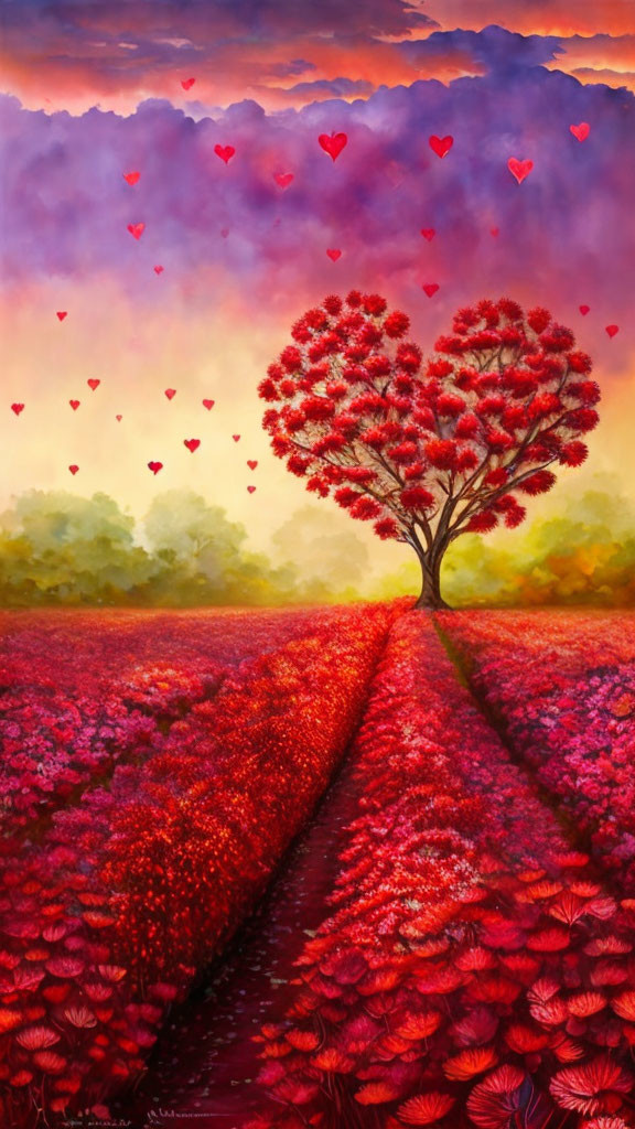 Colorful landscape with heart-shaped tree and clouds over red flower field.