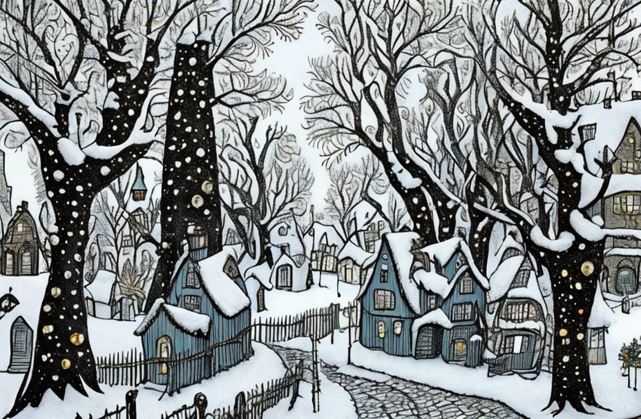 Snow-covered winter scene with cozy illuminated houses and leafless trees