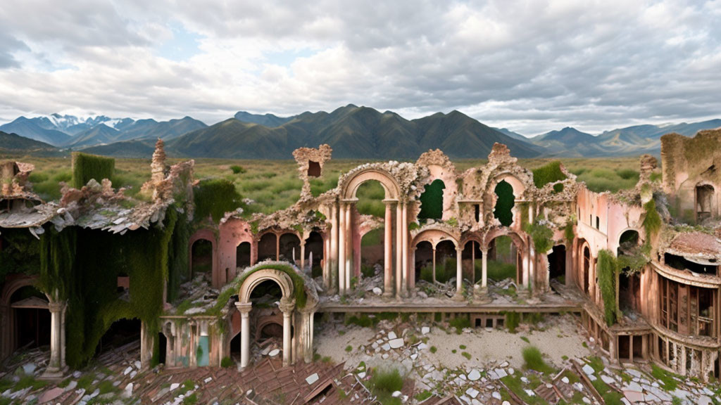 Overgrown archways of ancient valley ruins surrounded by mountains