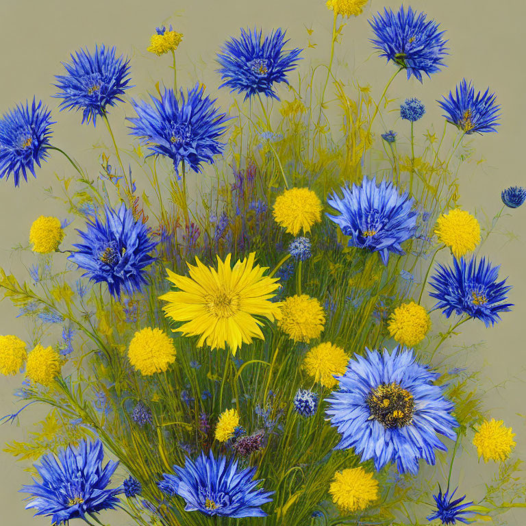 Colorful bouquet featuring yellow and blue flowers on muted backdrop.