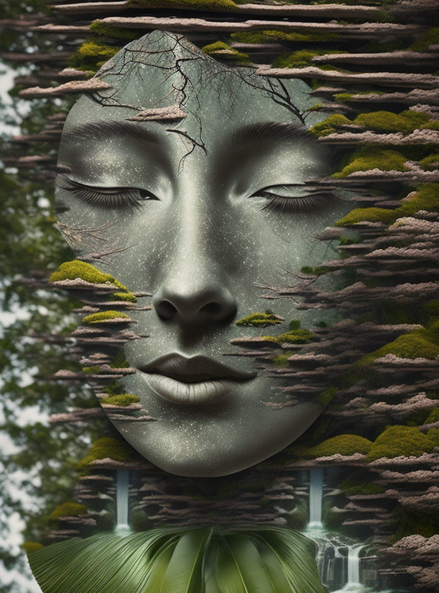 Surreal artwork: Face blending into rocky textures with moss and foliage