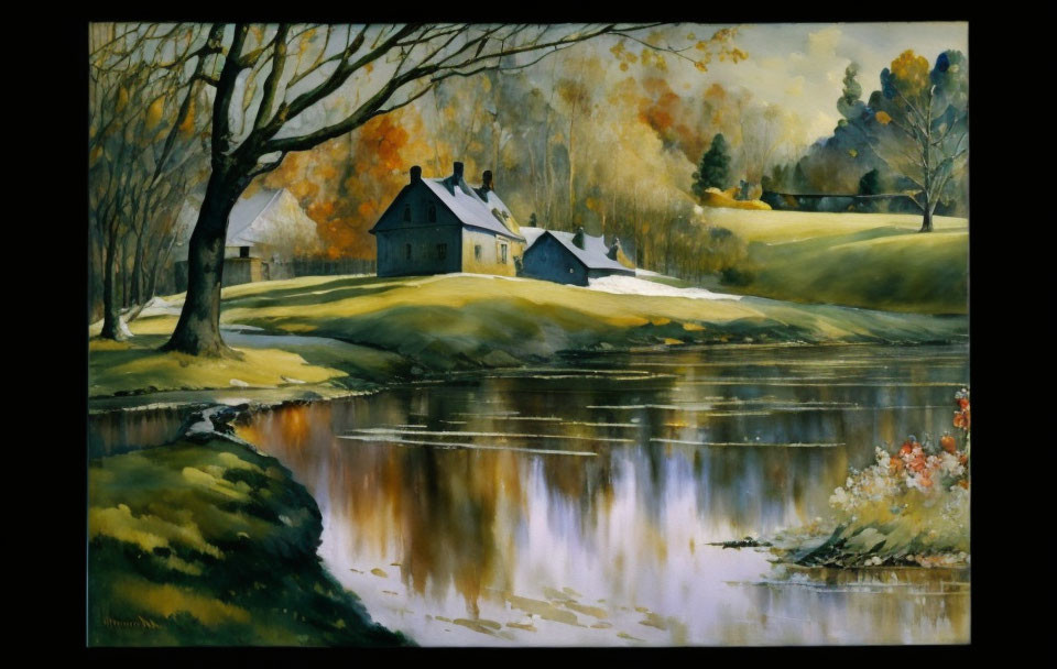 Tranquil countryside scene with house by reflective pond