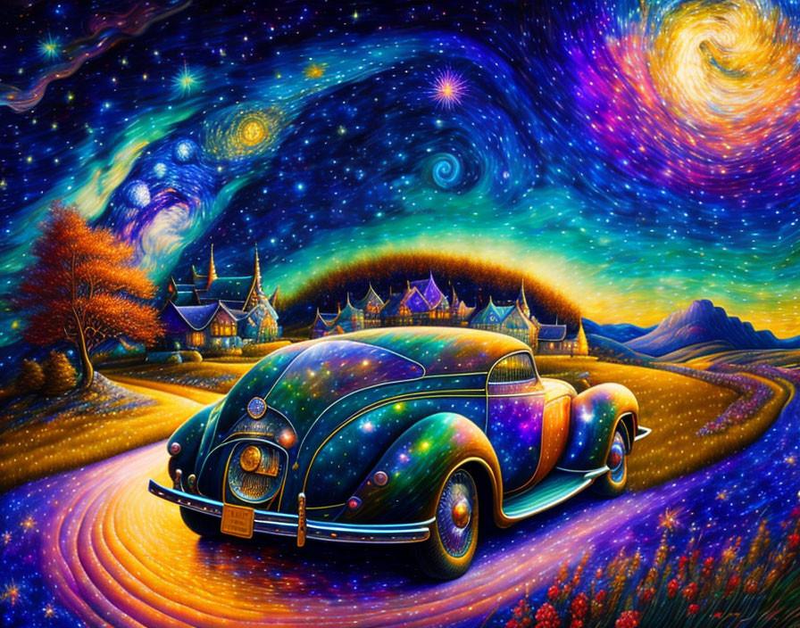 Colorful surreal landscape with classic car, swirling galaxy, and wolf silhouette