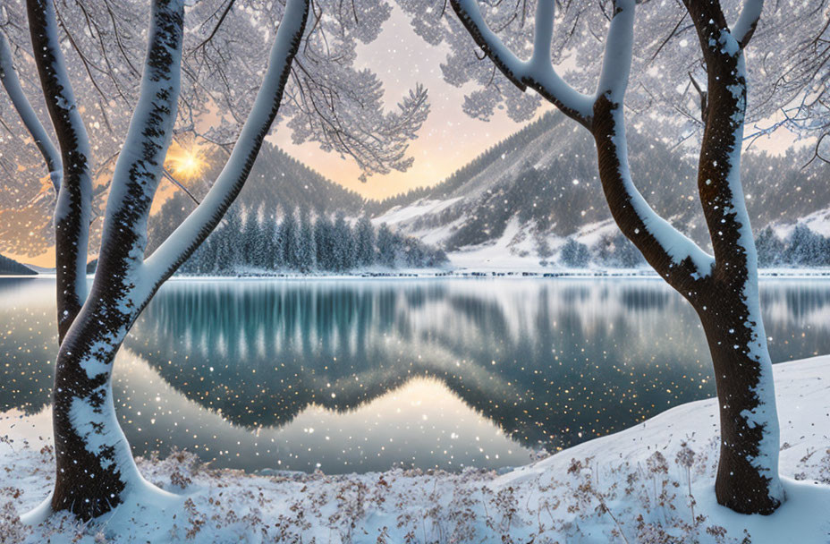 Snow-covered trees, calm lake, and falling snowflakes in serene winter scene