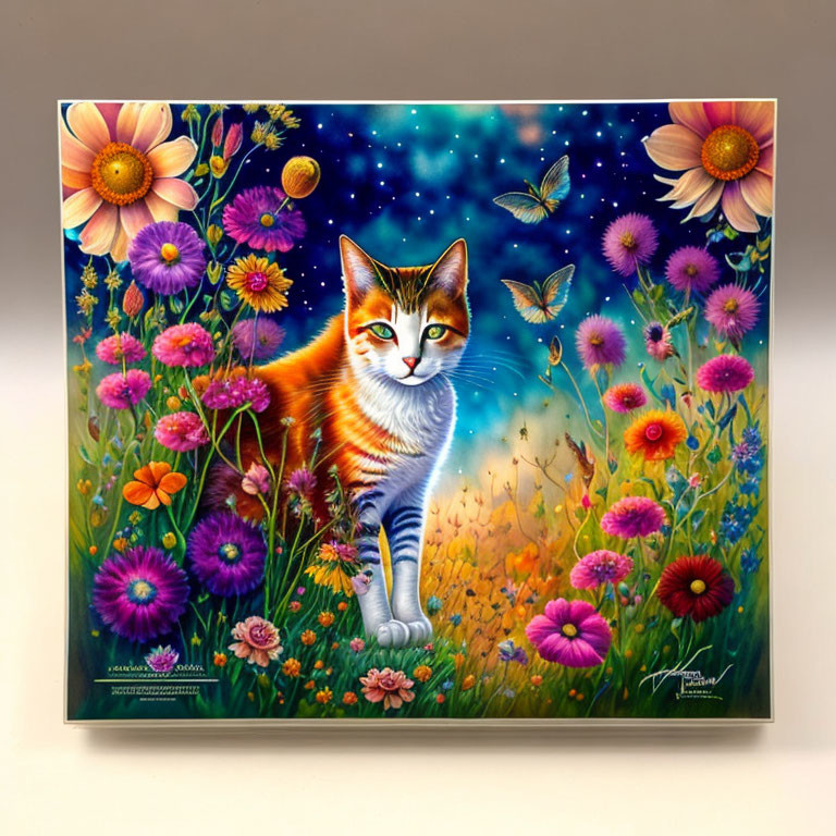 Colorful Calico Cat Painting with Flowers, Butterflies, and Starry Night Sky