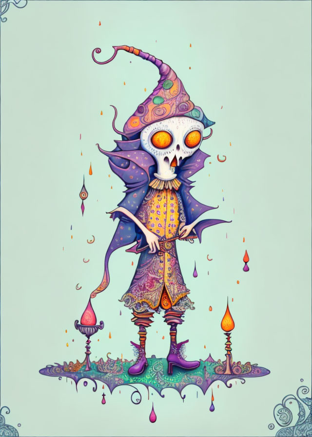 Whimsical skeleton figure with pointed hat and candles on light blue backdrop