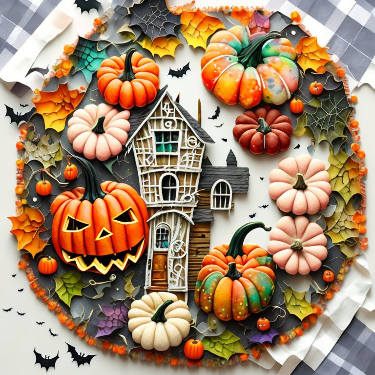 Colorful pumpkins, haunted house, leaves, and bats in autumn composition