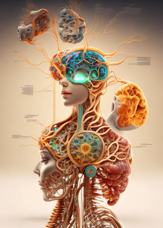 Detailed anatomical representation of nervous and vascular systems on dual head profiles