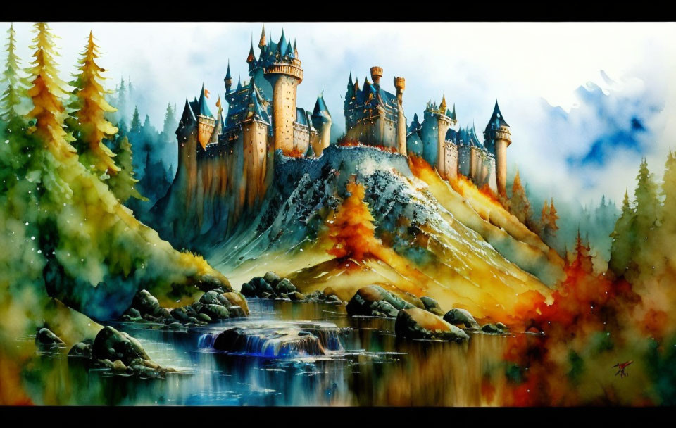 Vibrant painting: Castle on rocky hill in autumn forest under bright sky