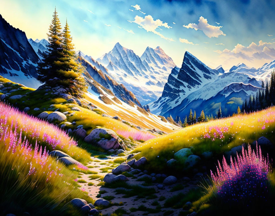 Digital Art: Sunlit Mountains, Meadow with Flowers, Pine Trees