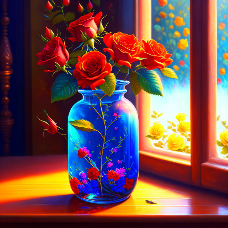 Red roses in blue vase on sunlit windowsill