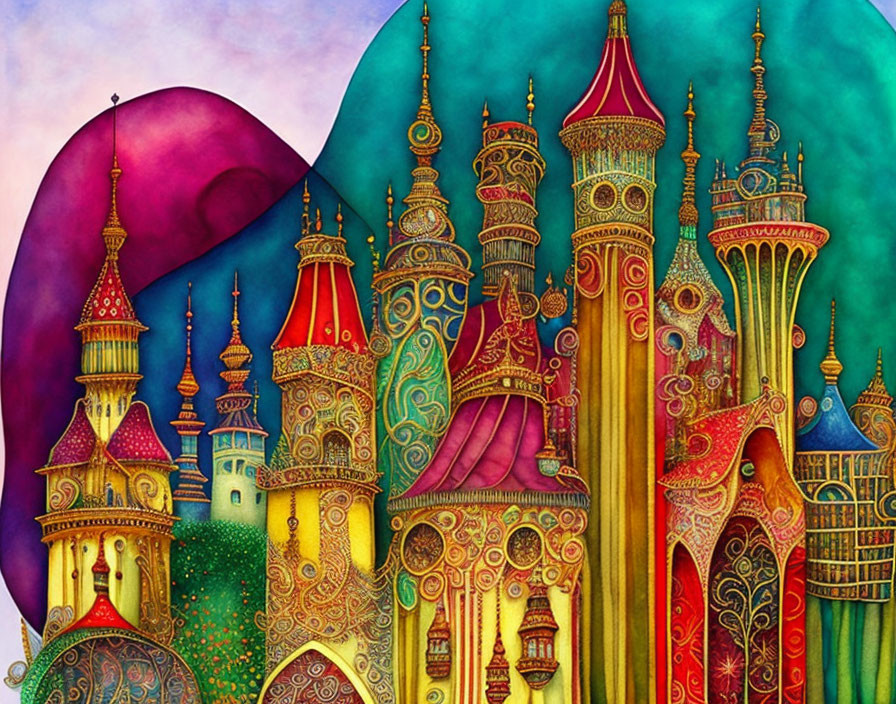 Vivid illustration of fantastical cityscape with ornate towers and celestial sky