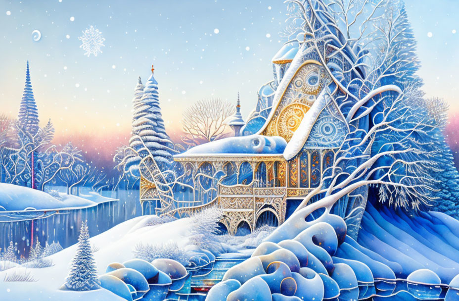 Winter landscape with gingerbread house, snow-covered trees, frozen river, and colorful sunset.