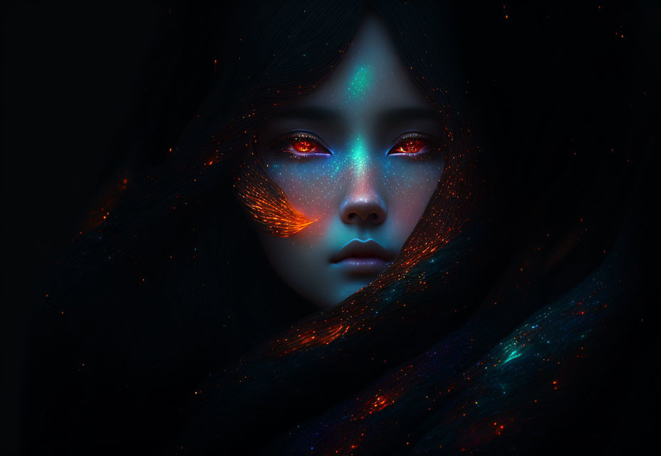 Cosmic-themed digital artwork of a girl with starry hair