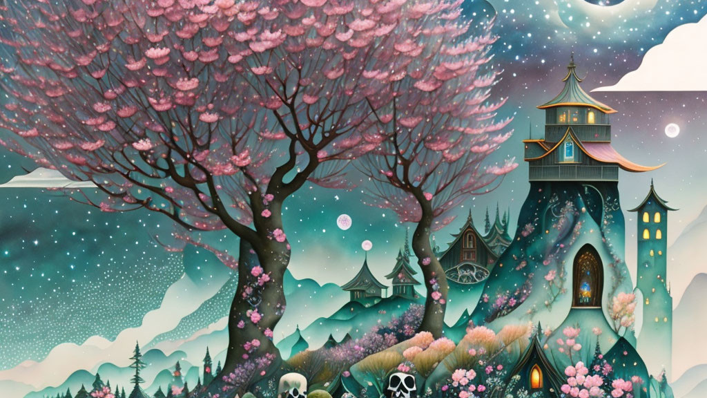 Fantasy landscape with cherry blossom trees, whimsical buildings, floating orbs, crescent moon.