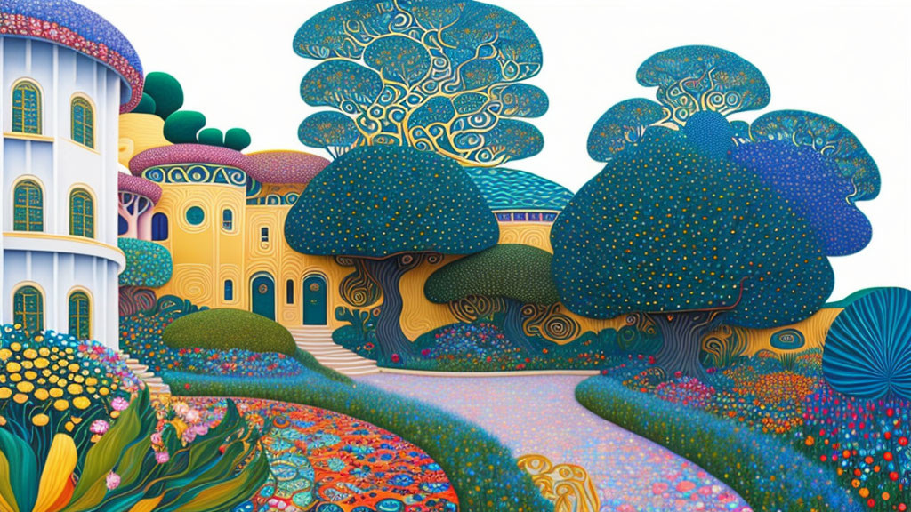 Colorful whimsical illustration of stylized buildings and trees in blue, yellow, and green.