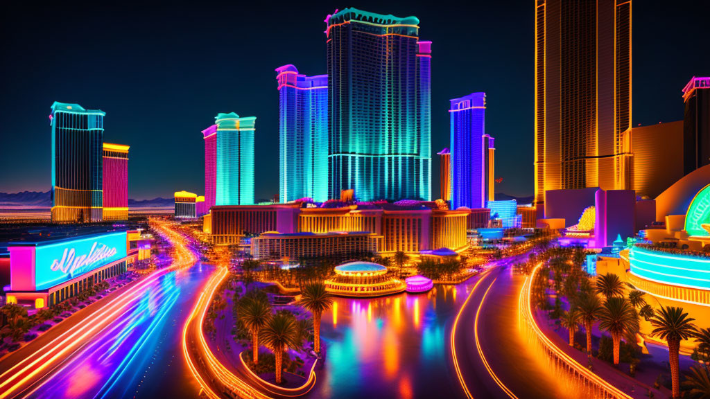 Las Vegas Strip Night View with Hotels, Traffic, and Neon Lights