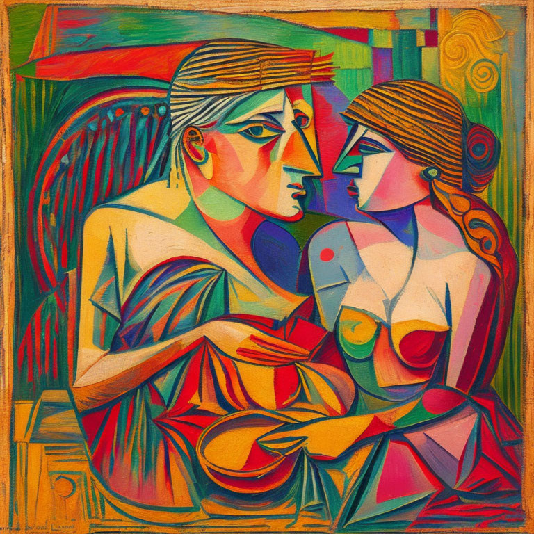 Colorful Cubist Painting of Seated Couple Embracing