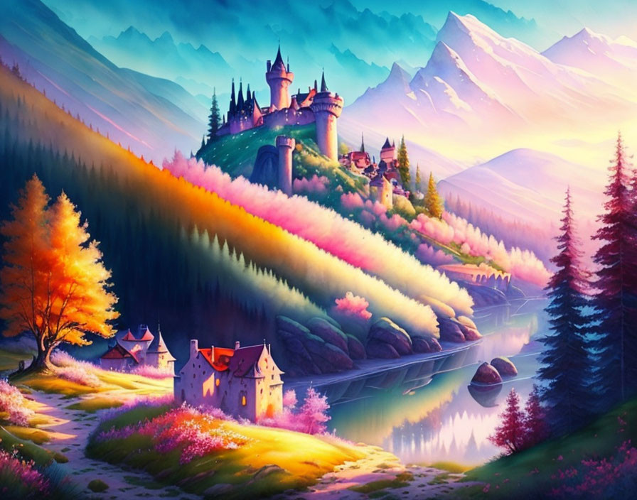 Majestic castle in vibrant fantasy landscape