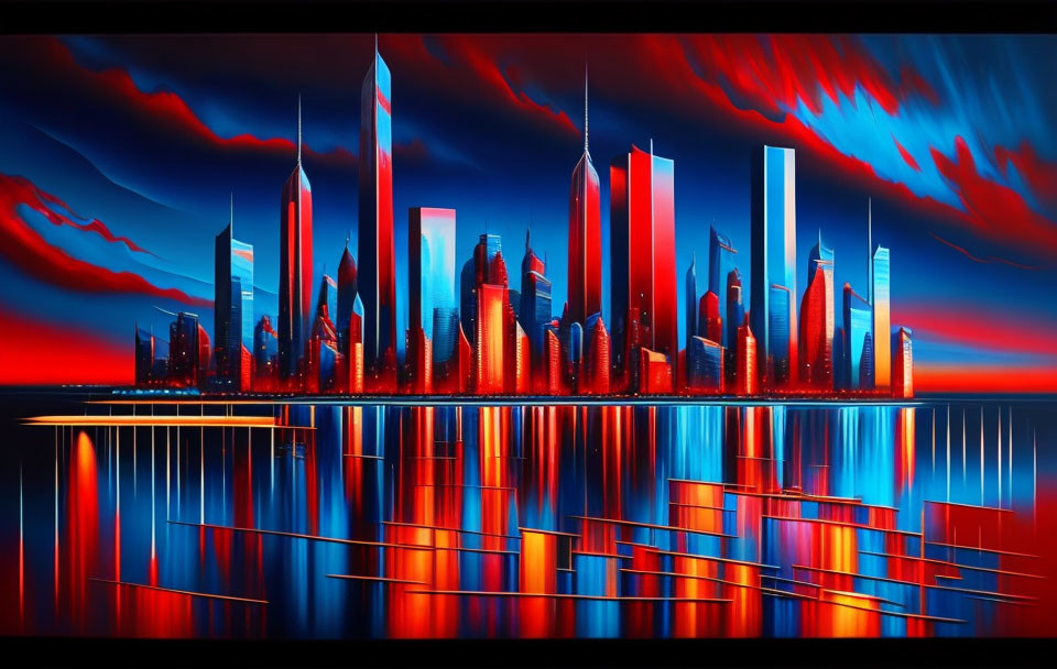 Futuristic skyscrapers reflected on water under dramatic red and blue sky