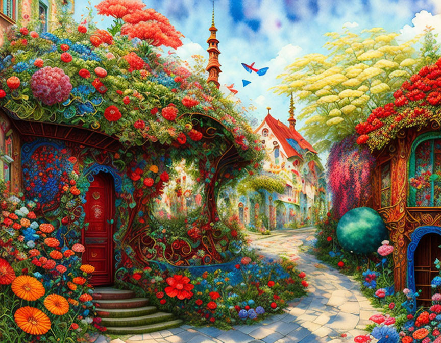 Colorful Fantasy Garden with Cobblestone Path and Birds