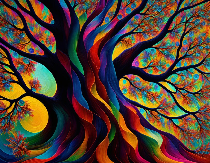 Colorful digital artwork: Whimsical tree with swirling patterns