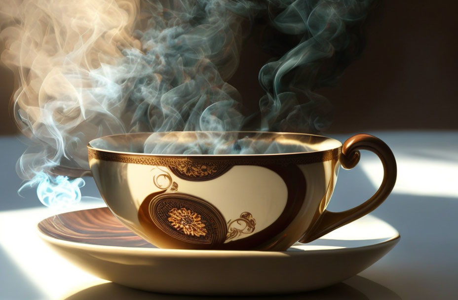 Ornate cup with steam and shadow in warm lighting