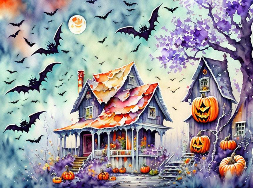 Whimsical Halloween-themed watercolor with house, jack-o'-lanterns, bats, moon