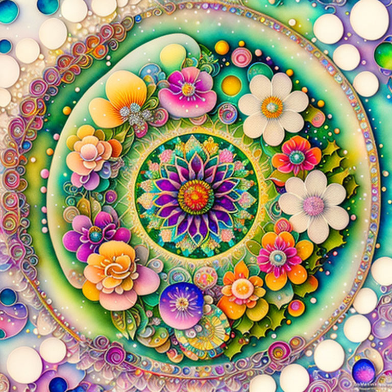 Vibrant mandala with floral patterns and pearl-like accents