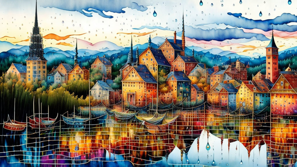 Colorful Painting: Town by Water with Boats & Sunset Sky