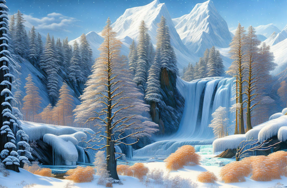 Snow-covered trees, majestic waterfall, and blue sky in serene winter landscape