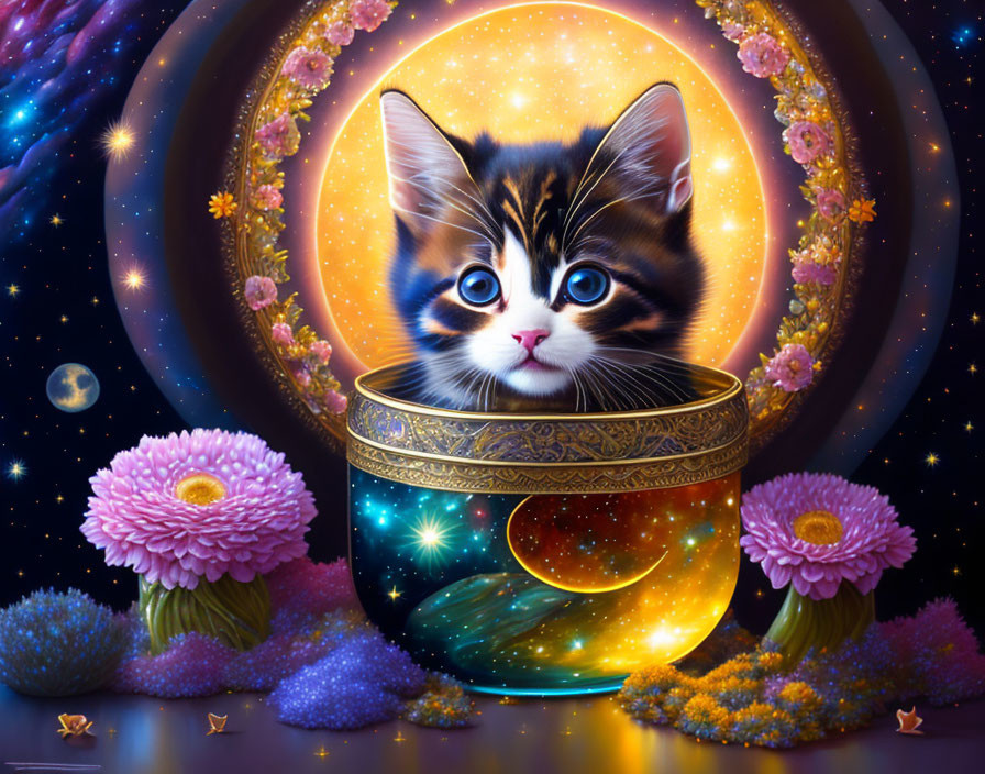 Adorable kitten in cosmic bowl with blue eyes and pink flowers