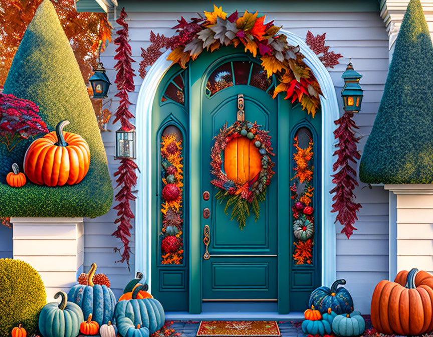 Teal front door with autumn wreath, pumpkins, and fall foliage